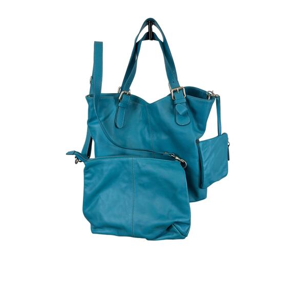 Garnett Hill Handbags - Garnett Hill Turquoise Leather Three-Piece Handbag Set Made in Italy